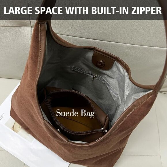 Brown Suede Tote Bag for Women Large Capacity Trendy Everyday Purse - Picture 2 of 6